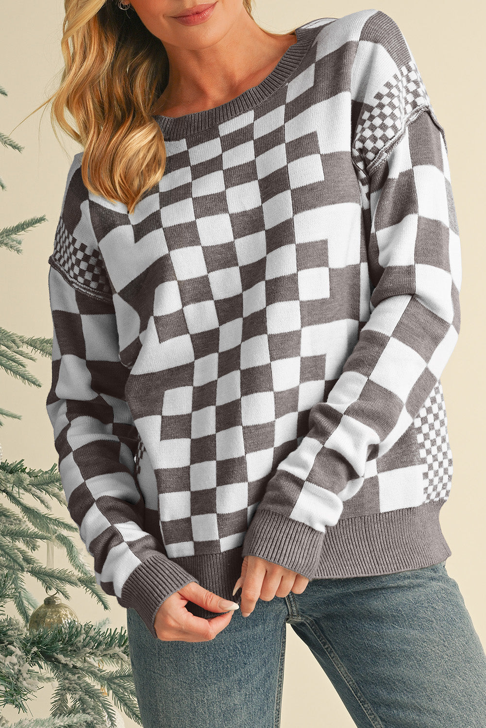 Black Checkered Drop Shoulder Round Neck Sweater 22c94a464317ddb2