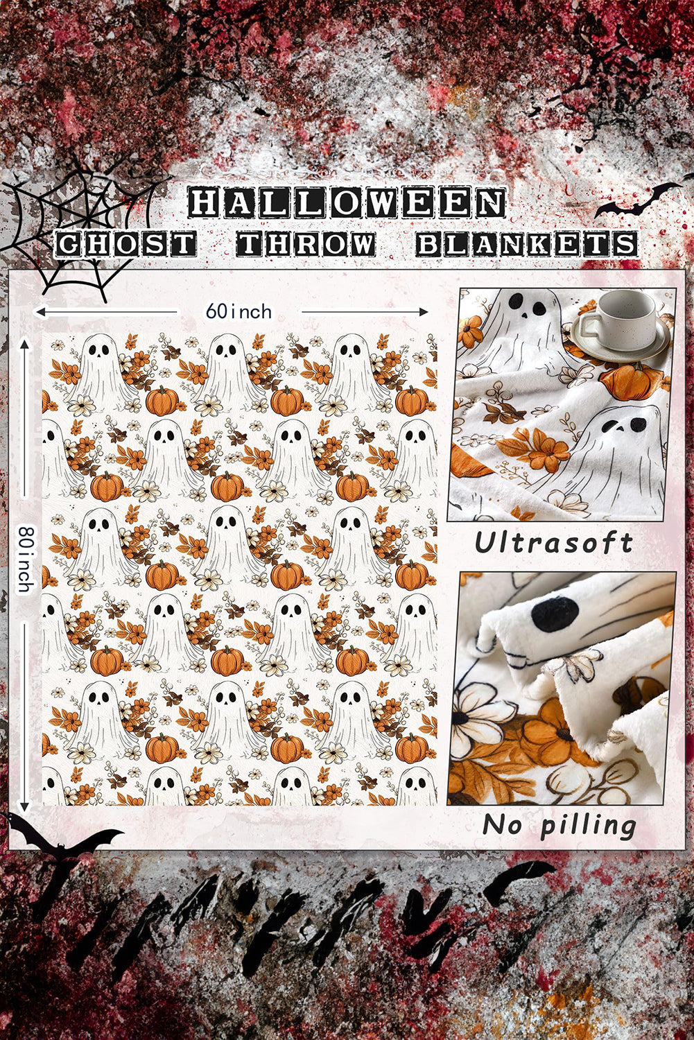 Orange Halloween Ghost Pumpkin Flower Throw Blanket Orange ONE SIZE polyester 22ca0bcf97eed992