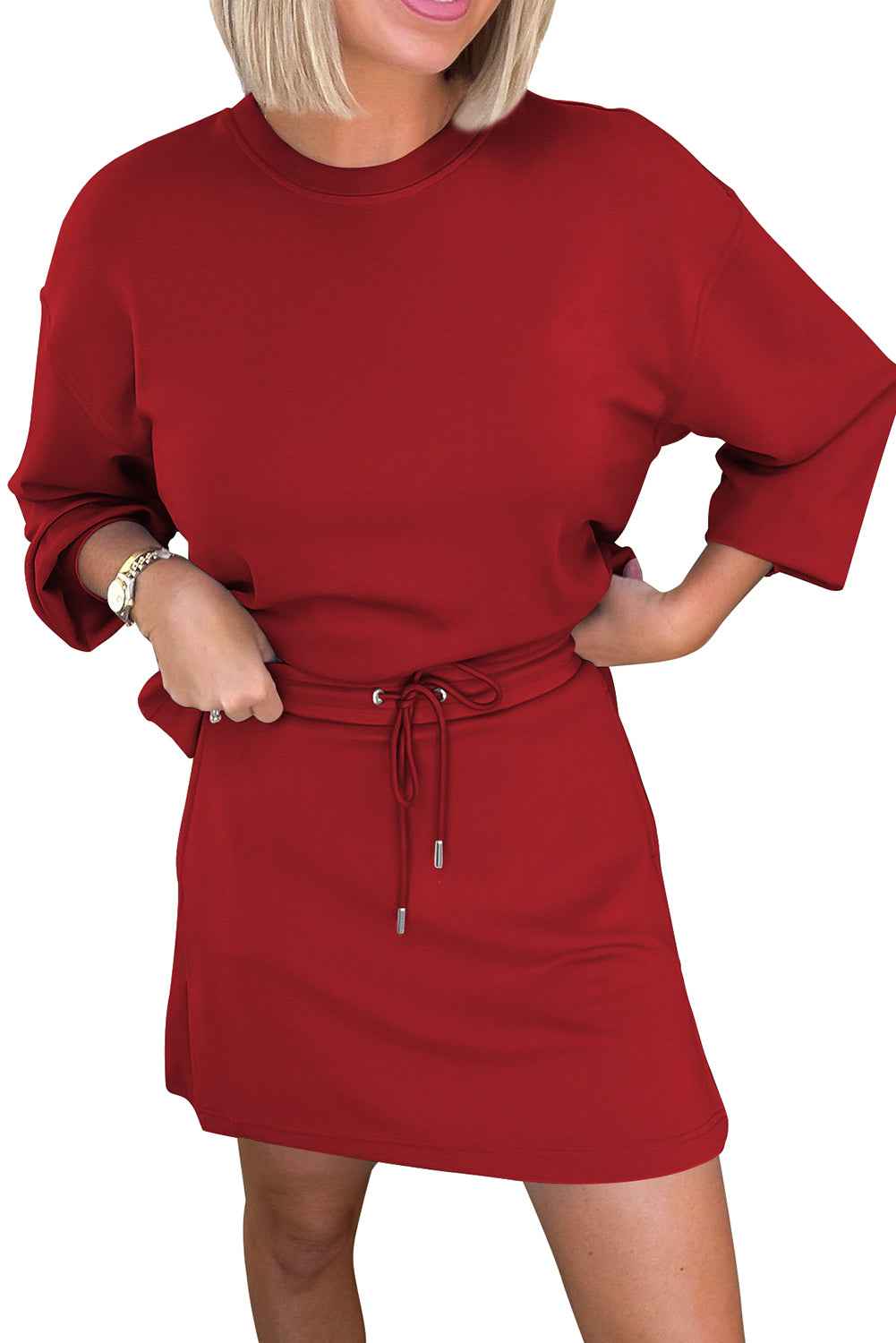 Coffee Solid Color Drop Shoulder Pullover Drawstring Mini Skirt Set 22cc6c249e1089bd