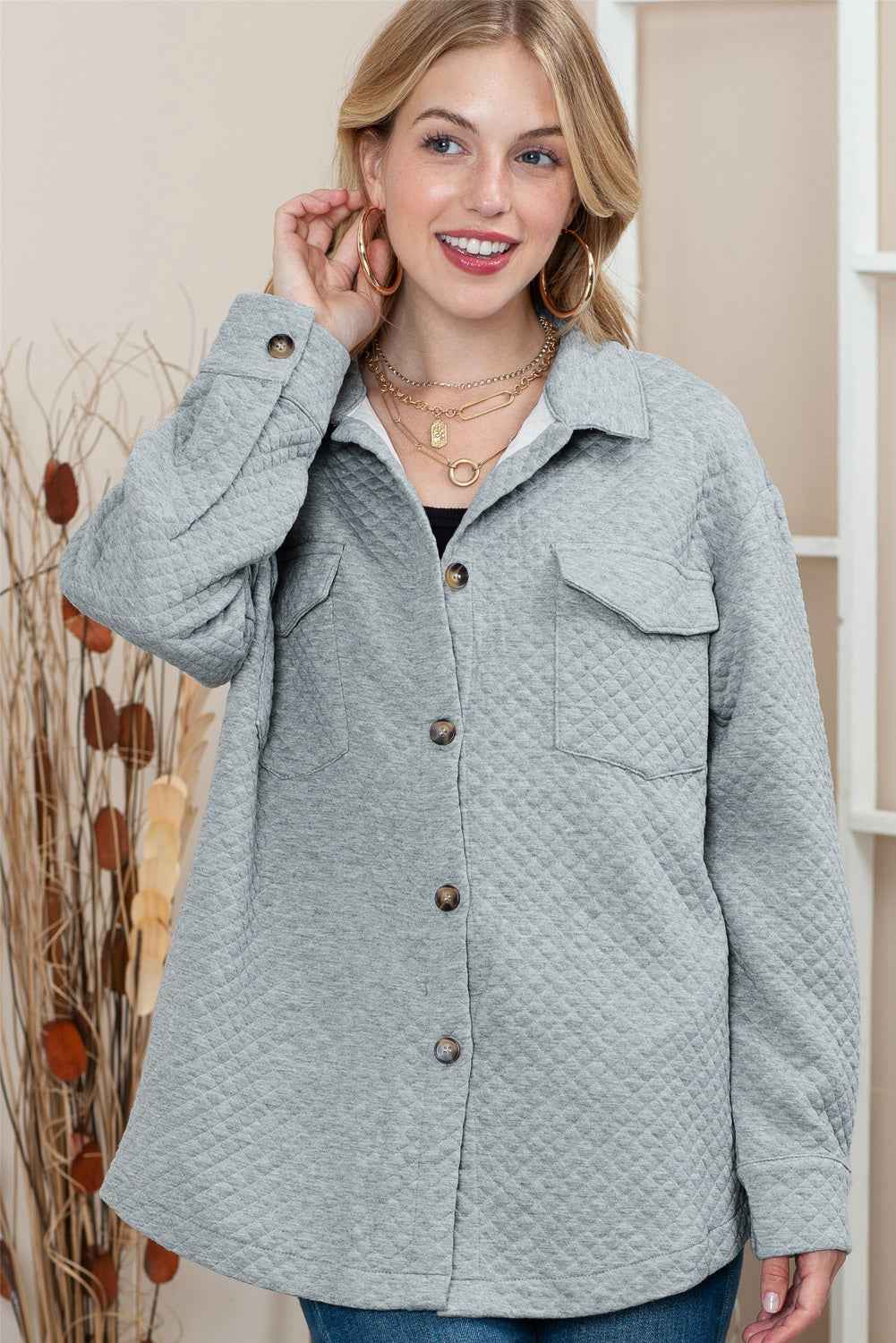 Gray Lattice Texture Retro Flap Pocket Button Quilted Shacket 22d0a3cbd56a75d2