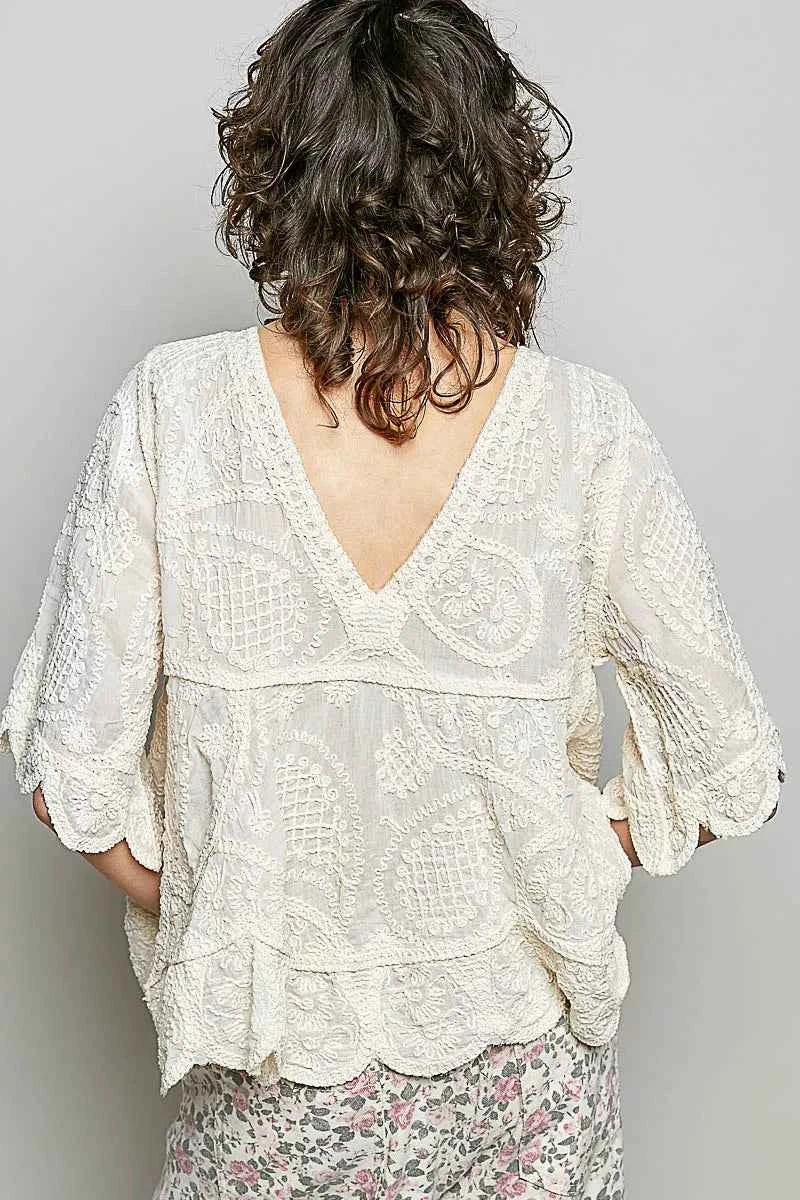 POL V-Neck Crochet Blouse with Scalloped Hem 22d183d3-7577-4feb-af77-b3f2b72fe24b-Max-Origin