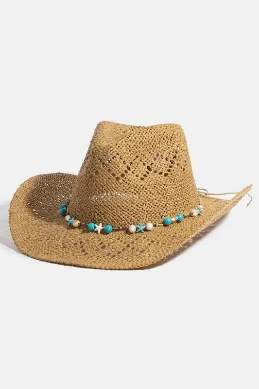 Fame Turquoise and Shell Star Beads Strap Western Straw Hat KA One Size 22d1a409-1b0a-400e-a09a-0278131b4f8b-Max-Origin