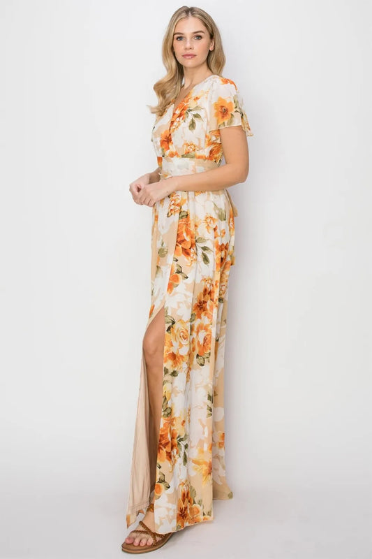Floral Tie Back Short Sleeve Slit Maxi Dress 22d4d68a-6b18-411b-9f9c-448c51ae5614-Max