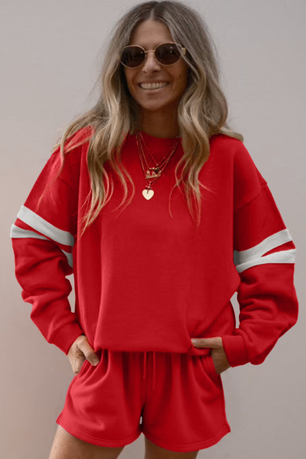 Orange Varsity Striped Sleeve Drop Shoulder Sweatshirt and Shorts Set 22df1fb7f2132165