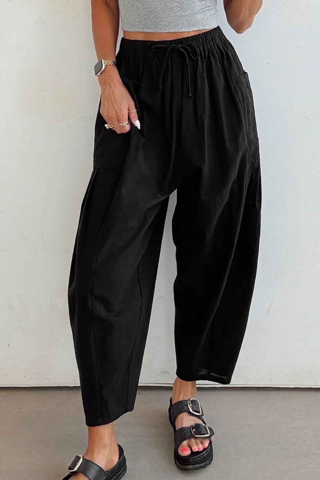 Black Drawstring Elastic Waist Patch Pocket Barrel Leg Casual Pants Black 55%Cotton+45%Viscose 22e5e8c20bd586bc