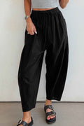 Black Drawstring Elastic Waist Patch Pocket Barrel Leg Casual Pants Black 55%Cotton+45%Viscose 22e5e8c20bd586bc