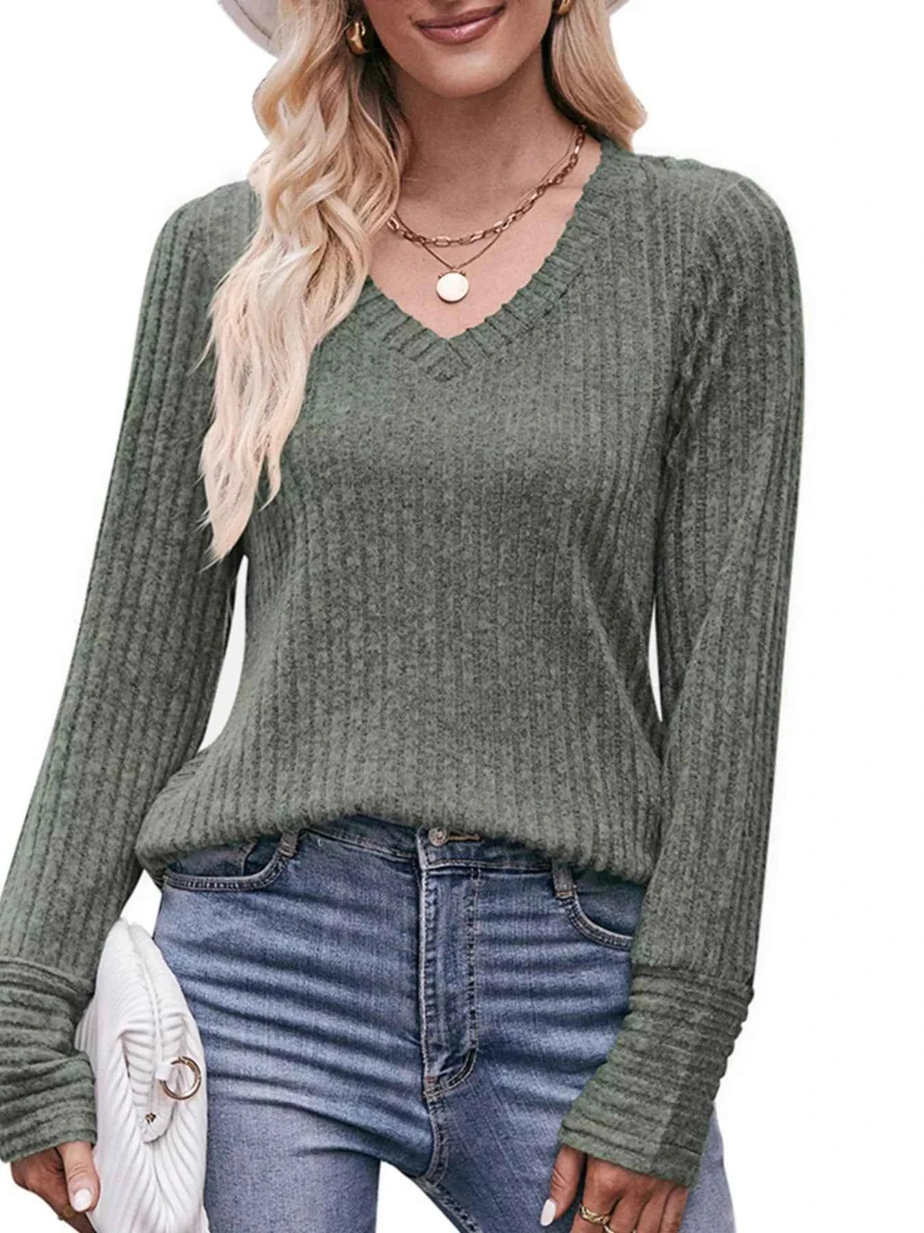 V-Neck Ribbed Knit Long Sleeve T-Shirt Army Green 22f276ae-e7ee-4458-a2d1-f14076fa808e-Max-Origin