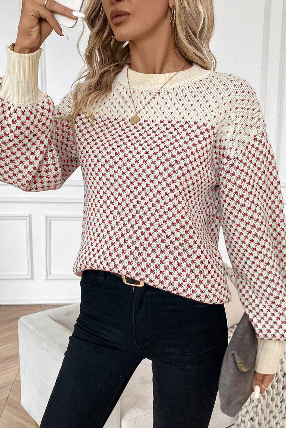 Red Colorblock Bishop Sleeve Knit Sweater 22f2a1c9c87f98ec