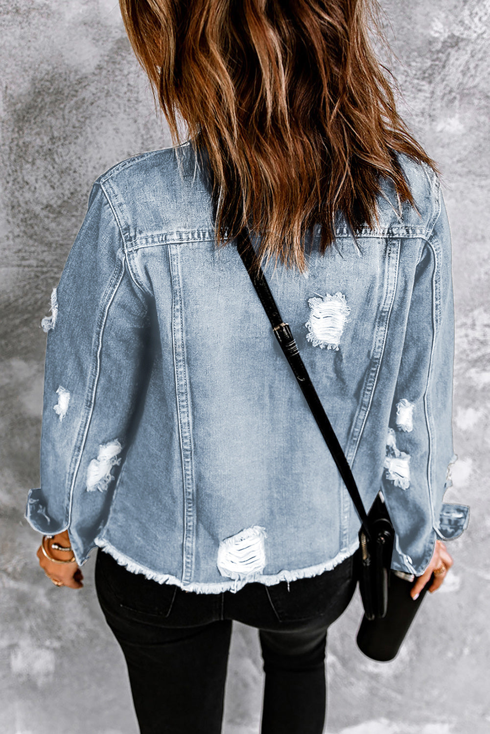 Light Blue Distressed Ripped Raw Hem Buttons Denim Jacket 22f54560e923cedc