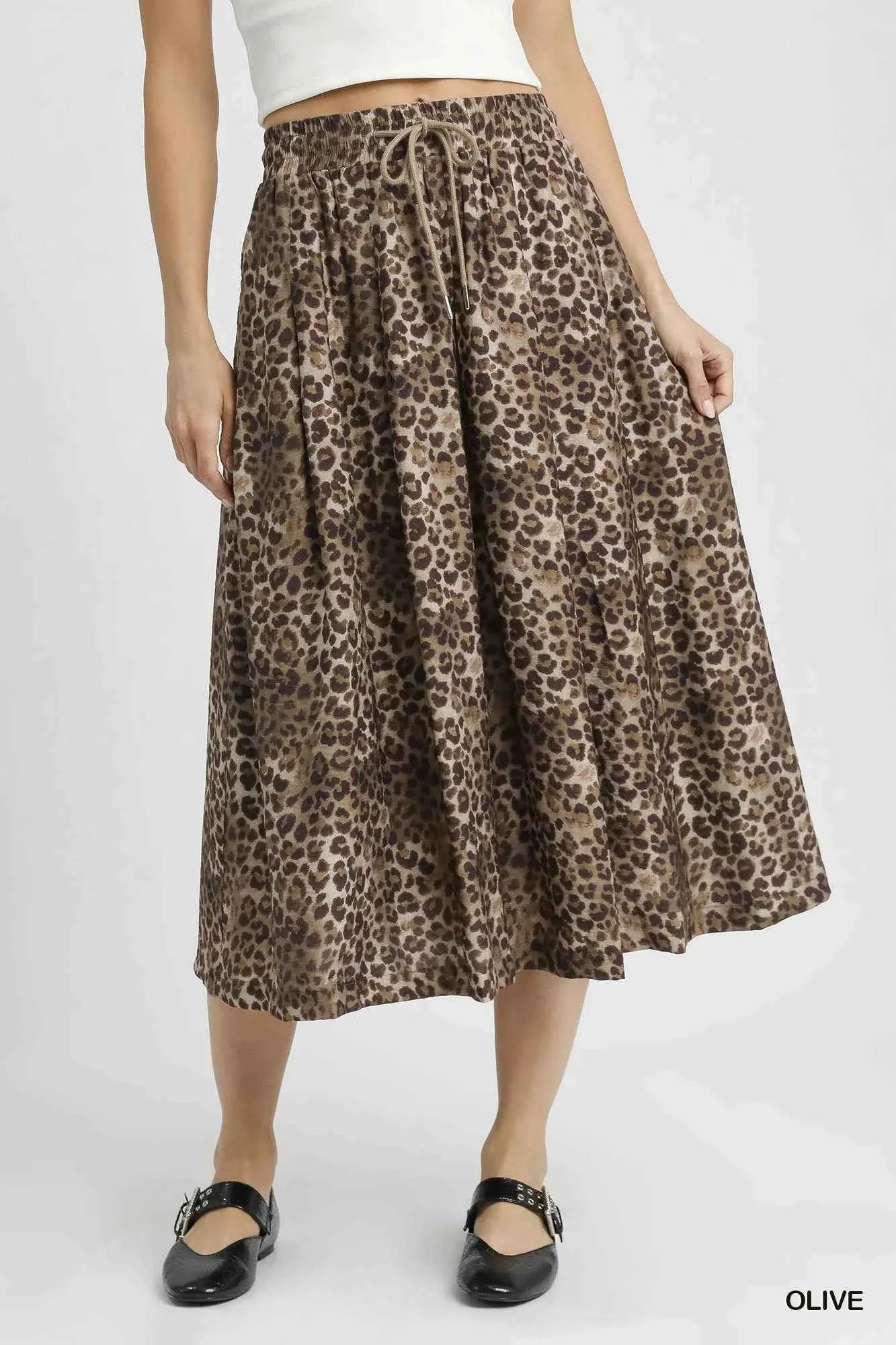 Umgee Drawstring Leopard Midi Skirt OLIVE 22f9394c-476a-4f52-9a97-96601fecb67d-Max-Origin