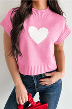 Pink Valentine Heart Graphic Cropped Short Sleeve Sweater Pink 52%Viscose+26%Polyester+22%Polyamide 22fc242dae030170