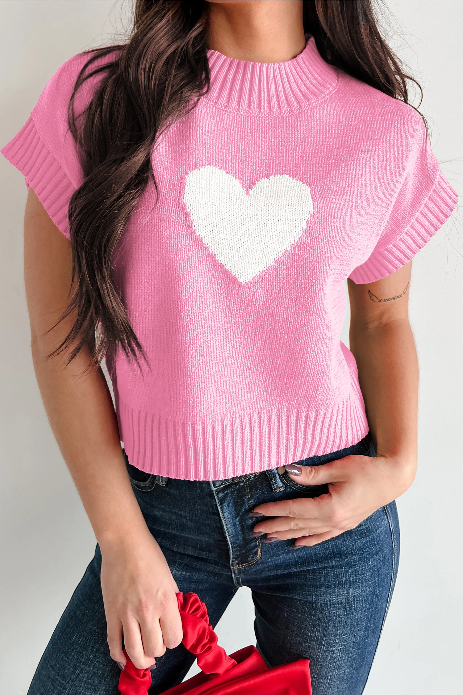 Pink Valentine Heart Graphic Cropped Short Sleeve Sweater Pink 52%Viscose+26%Polyester+22%Polyamide 22fc242dae030170