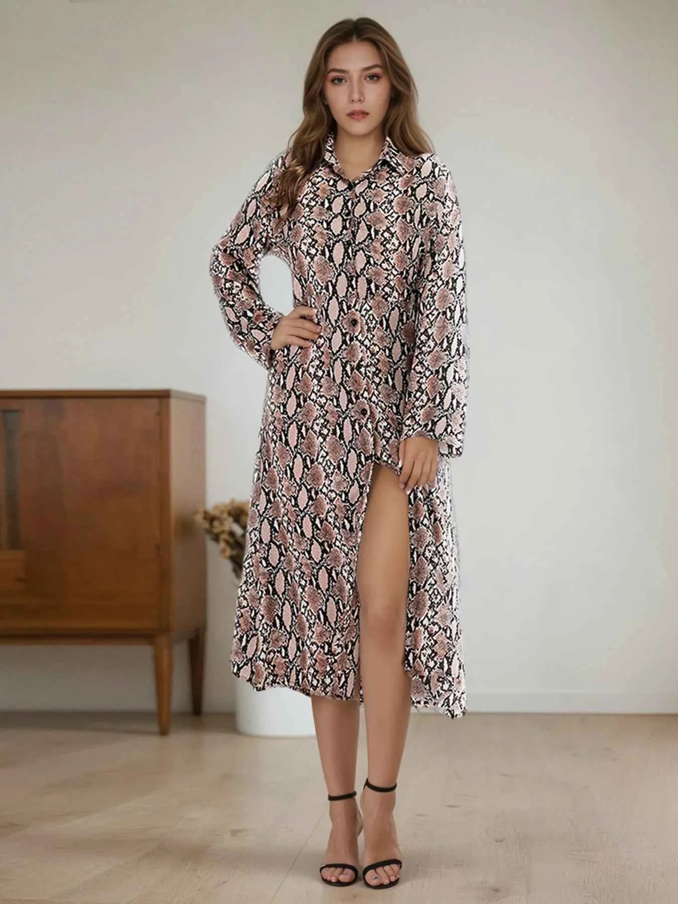 Snake Print Long Sleeve Shirt Dress 23045292424d4974a6422878b28d903e-Max-Origin