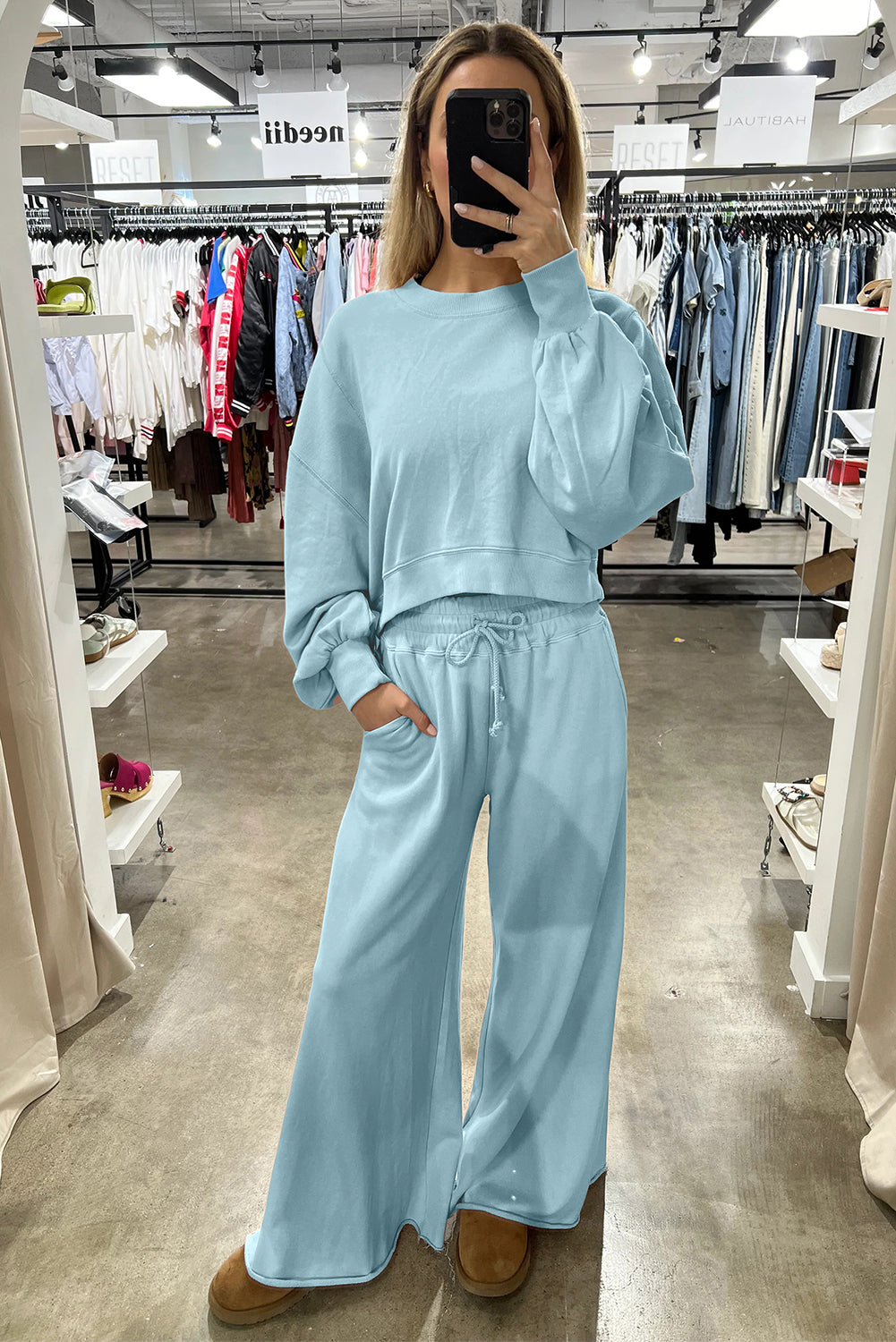 Flamingo Drop Shoulder Crop Pullover Drawstring Wide Leg Pants Set Mist Blue 65%Polyester+35%Cotton 23045c7bd7825bd4