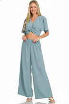 Zenana Woven Airflow Twisted Top & Wide Leg Pants Set 23096560-1e4c-4943-8c43-bb2332cdb834-Max-Origin