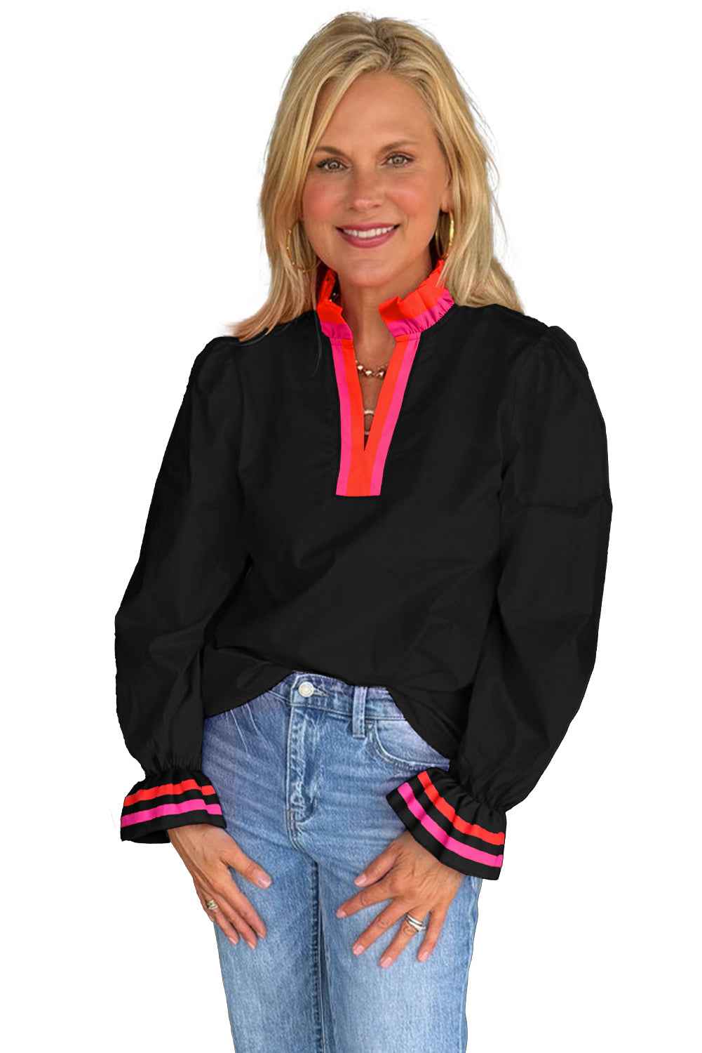 Black Striped Trim Ruffle Split Neck Long Sleeve Blouse 230a427aadc6eb2e