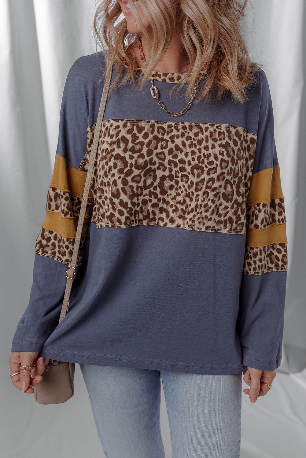 Dark Blue Leopard Colorblock Patchwork Drop Shoulder Top Dark Blue 100%Cotton 230b51580021468f