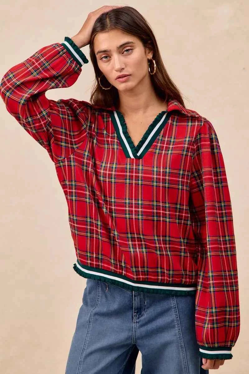 BiBi Christmas Plaid Collared Top with Ruffled Detail 230e31297af44733ba073930e85bf924-Max-Origin