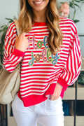 Red Stripe Holly Jolly Sequins Patch Drop Shoulder Long Sleeve Top Red Stripe 95%Cotton+5%Elastane 230fd6a0177e589c