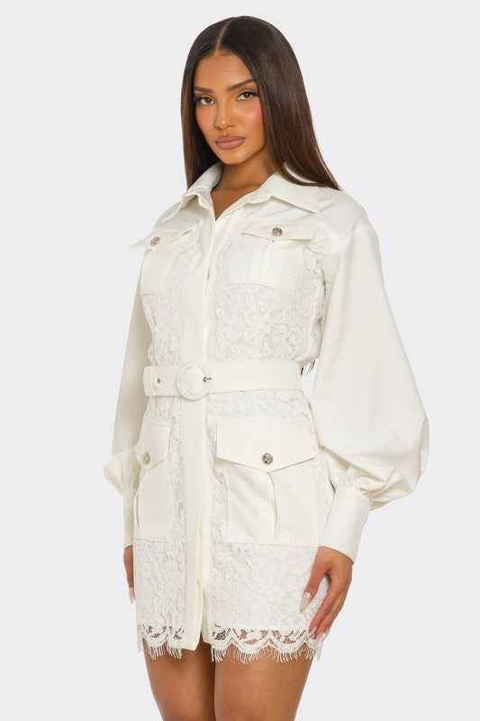 PLUS SIZE White Lace-Detail Utility Mini Dress 23109271_4de59516-74bb-46a3-a011-451a26fe7437