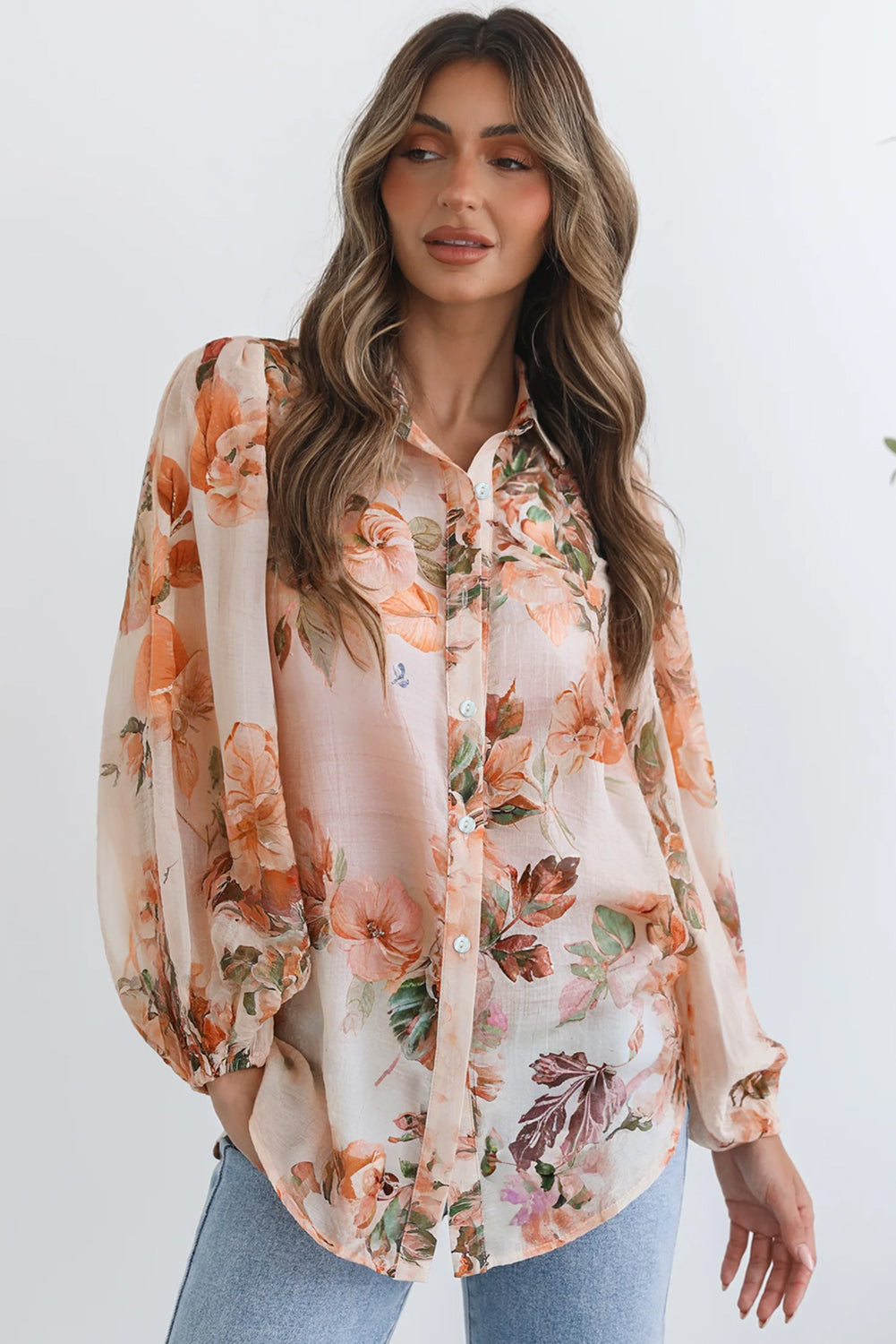Brown Floral Puff Sleeve Lightweight Shirt