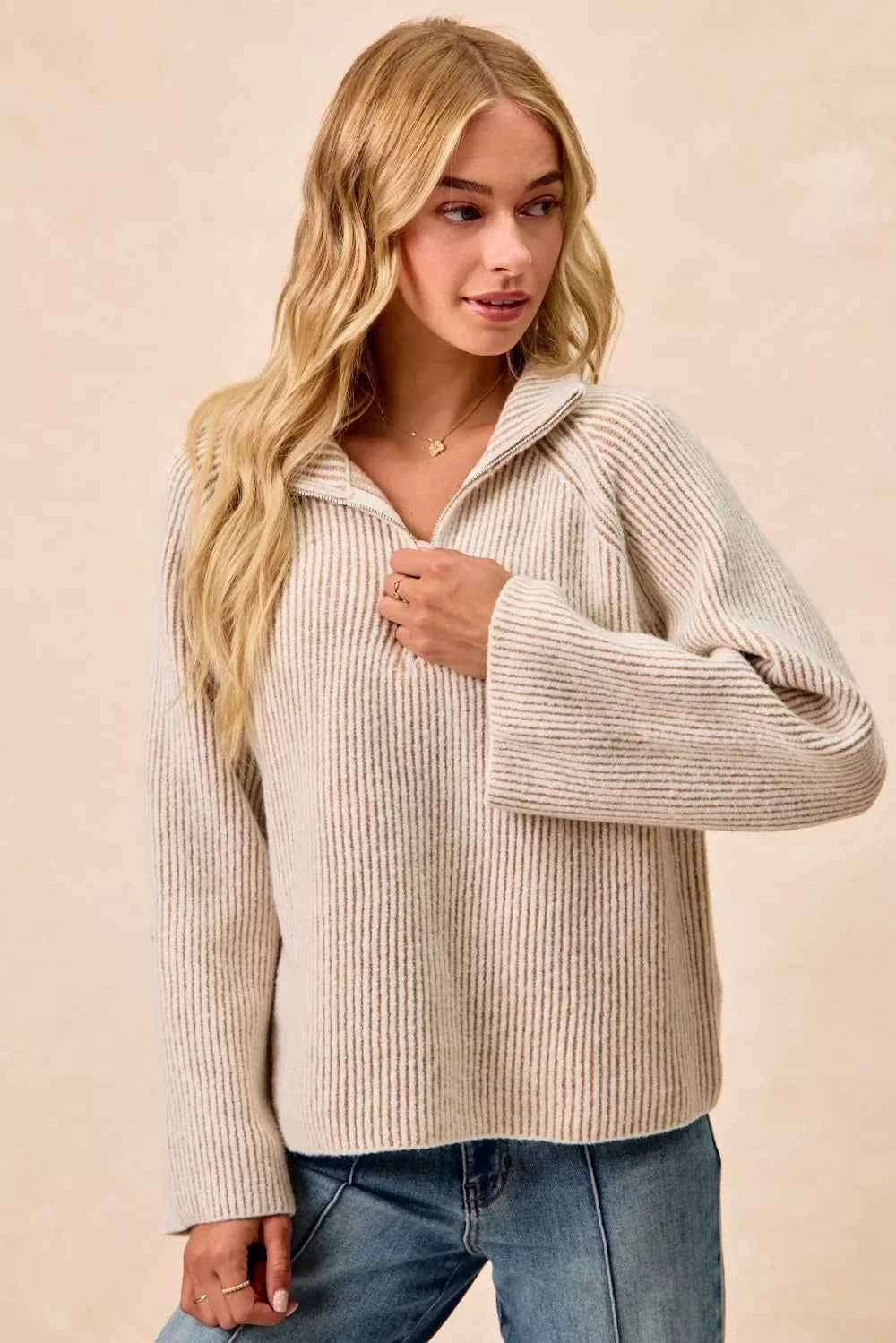 Two Tone Rib Texured Knit Collared Top with Zip Up 231641aeb04b4606b8507f22e929506b-Max-Origin
