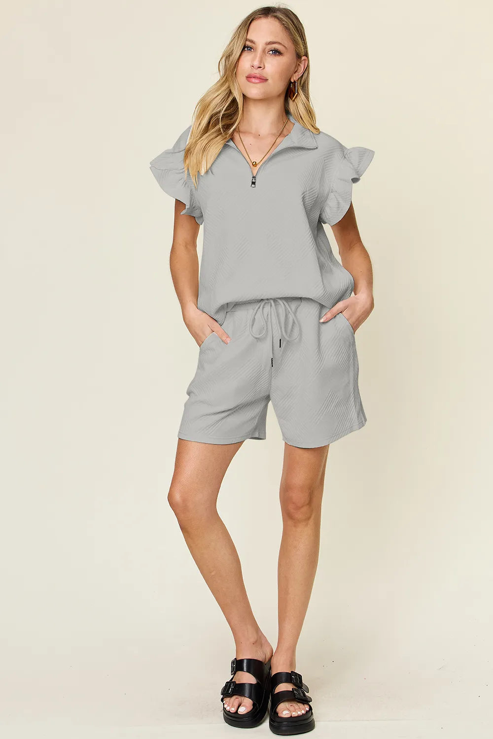 Double Take Full Size Texture Flounce Sleeve Top and Drawstring Shorts Set 2316ce7b-4d26-4a27-b77c-92f41cf130ac-Max