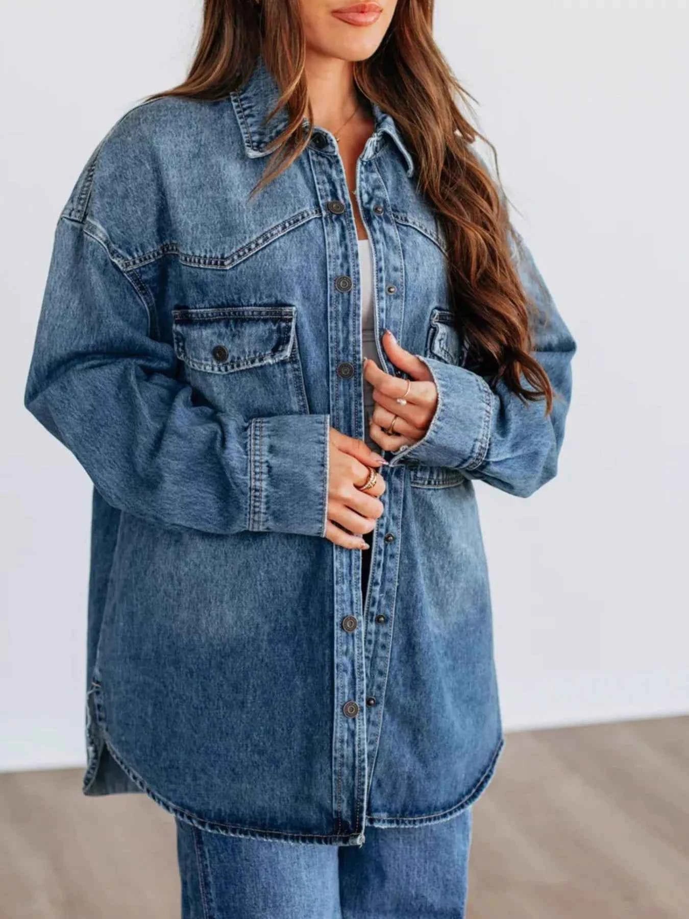 Snap Down Dropped Shoulder Denim Jacket Dark Blue 2316cf26-5091-4c9c-8cda-f1f4f73a3c1a-Max-Origin