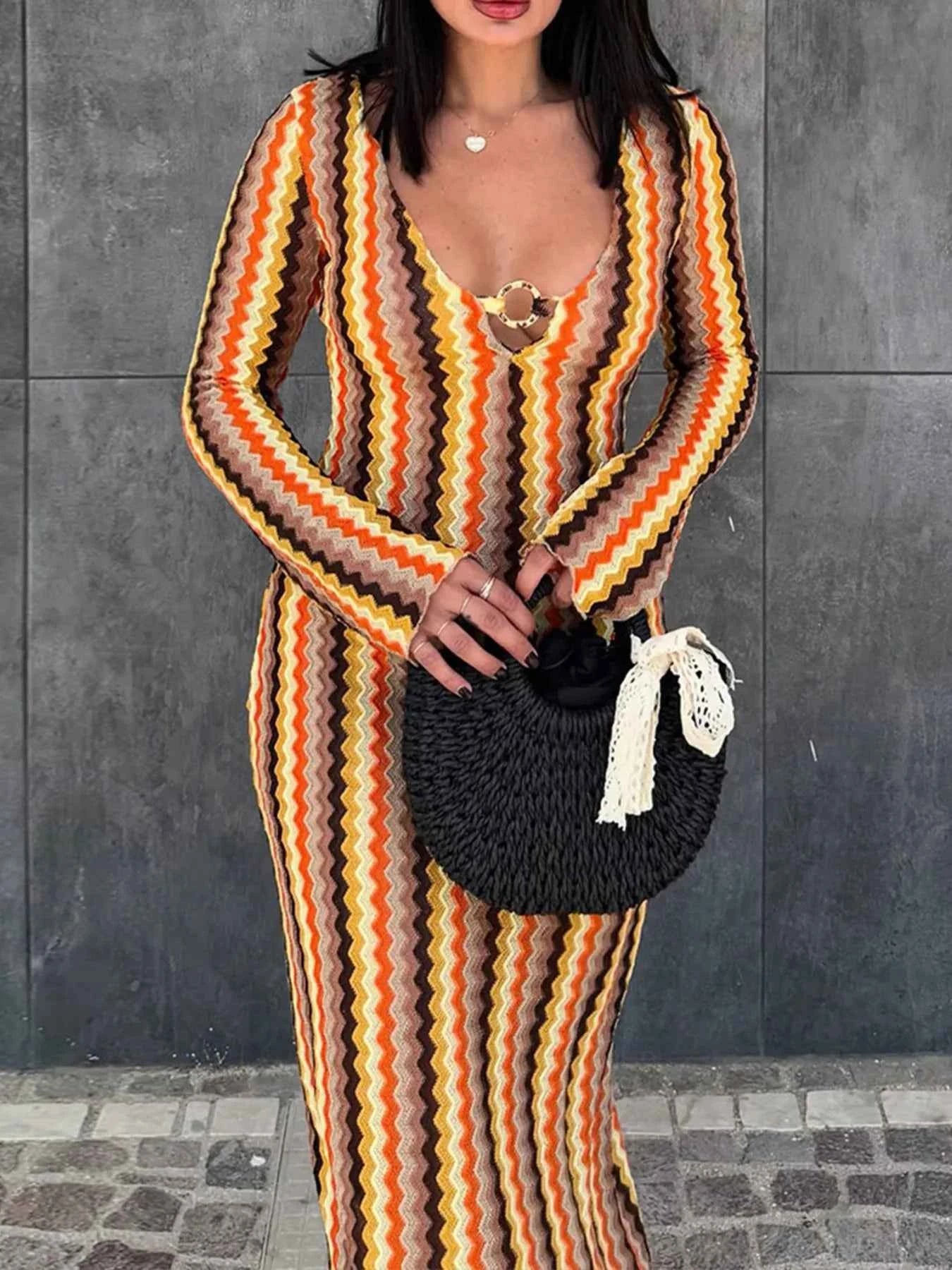 Contrast Striped Long Sleeve Maxi Dress 2316fcf87554406b95fd47a30ff7e74d-Max-Origin