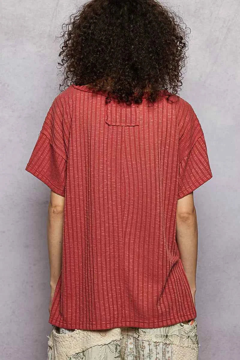 POL Ribbed Knit V-Neck Short Sleeve T-Shirt with Side Slit 231c69d4-d09d-454d-92f9-0e0688c9a408-Max-Origin