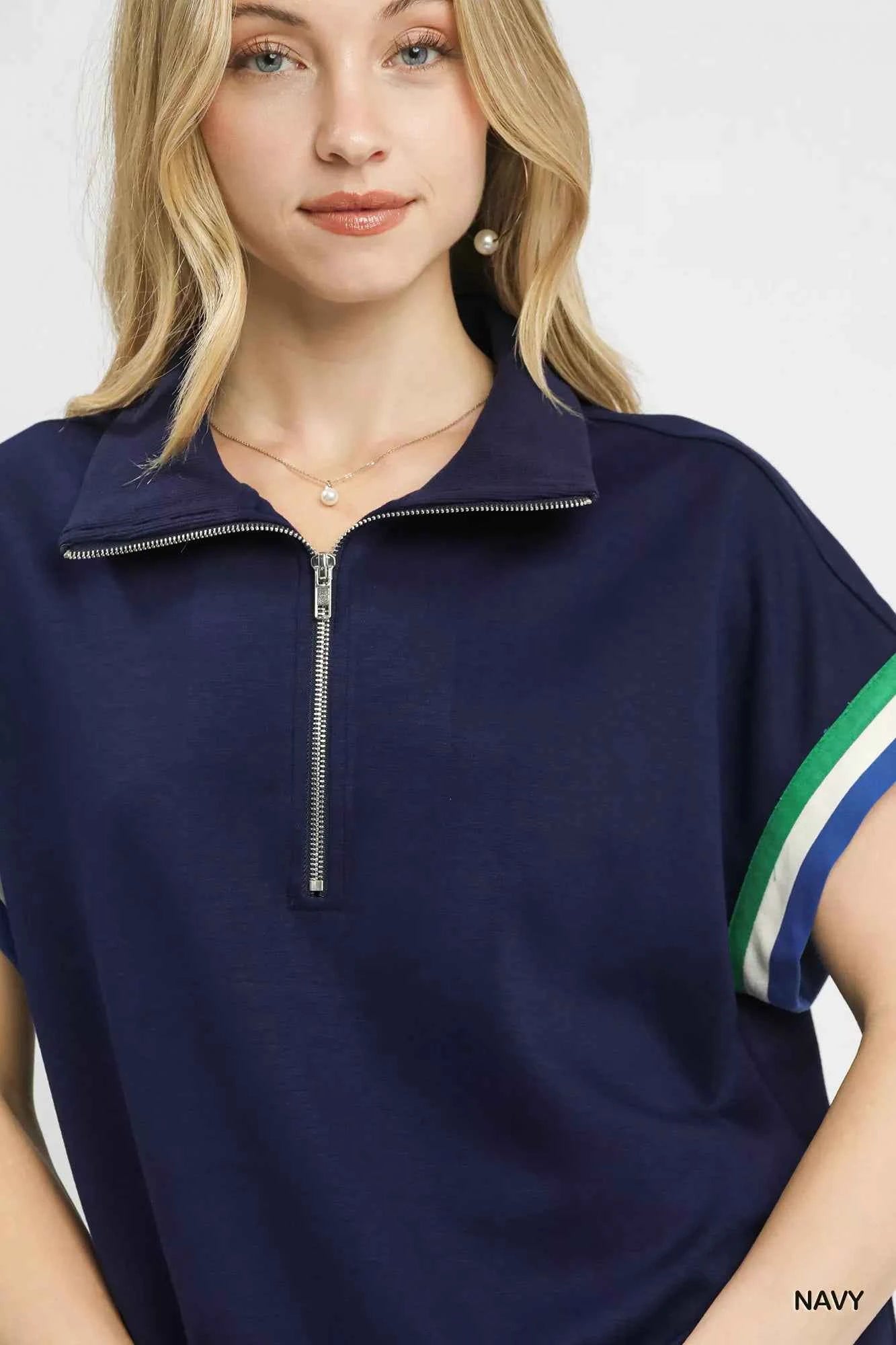 Umgee Zip Front Casual Top with Contrast Stripe Trim 231cb386-9ea5-4272-af03-a79bd4c29078-Max-Origin