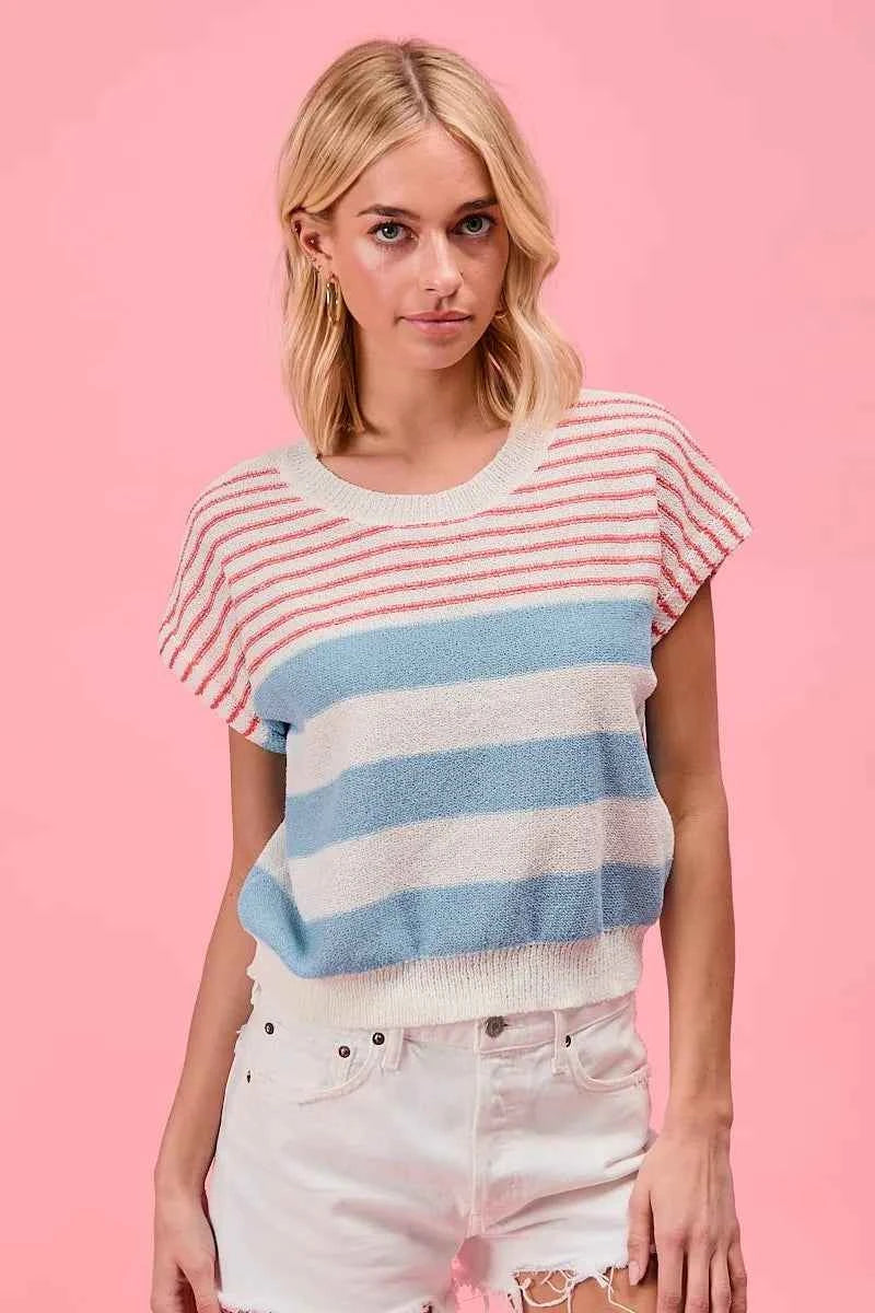 BiBi Stripes Lightweight Short Sleeve Sweater 23201d0290e34f85b0127bd7ceee29fb-Max-Origin