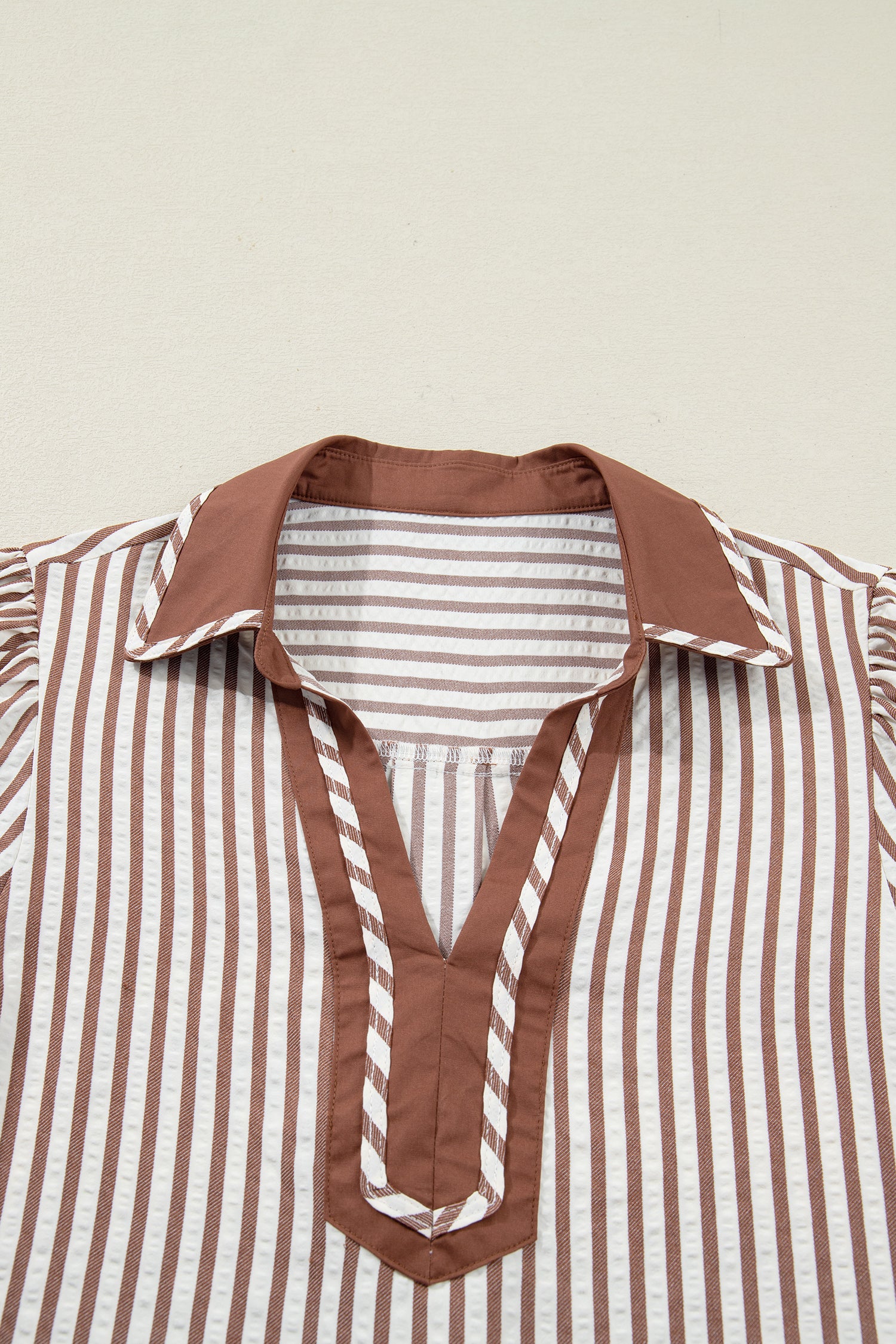Khaki Stripe Collared Split Neck Short Bubble Sleeve Blouse 2320e66f2dc7d406