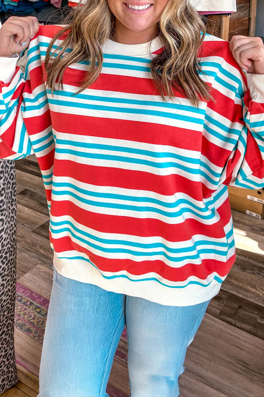 Red Stripe Striped Colorblock Long Sleeve Round Neck Tunic Plus Size Sweatshirt 2325717a5e3e509c
