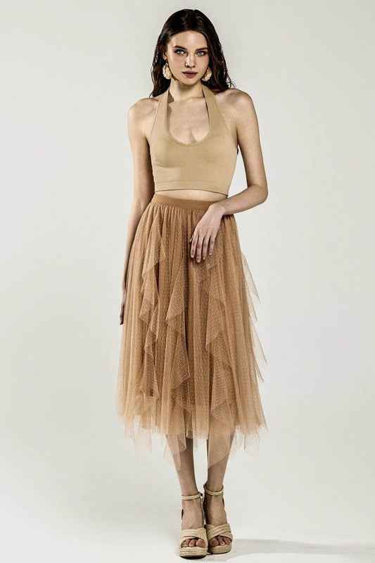 Waterfall PolkaDot Mesh Ruffle Midi Skirt Taupe 23272794_92217df3-fe83-4d77-b9f3-1f9dab48f855