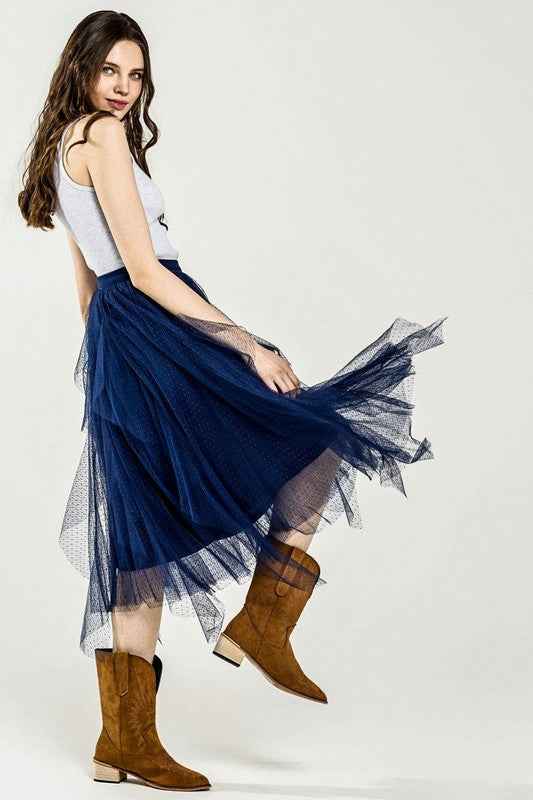 Waterfall PolkaDot Mesh Ruffle Midi Skirt Navy 23272794_ad064987-746f-4786-a118-2adb2266f4c6