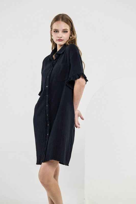 Frayed Edges Breezy Button down Shirt Dress Black 23320439_8783cca4-f7ab-4cc3-a3b4-6e379d982230
