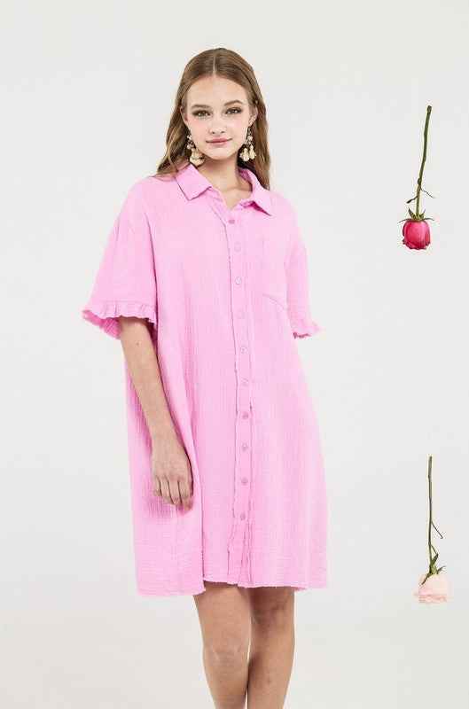 Frayed Edges Breezy Button down Shirt Dress Bubble Gum 23320439_988c0b10-e0d2-468d-a1dd-20927fbd0b70