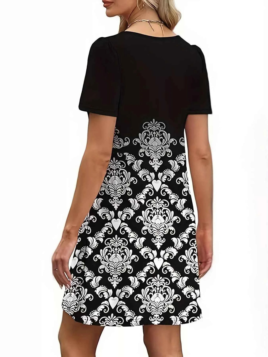 Printed Round Neck Short Sleeve Dress 23369f6d0259433686d9b67a9cc758d7-Max-Origin