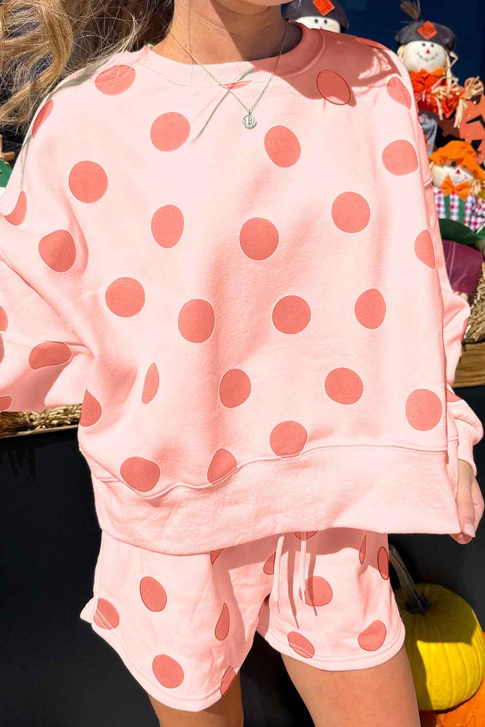 Sky Blue Polka Dot Print Drop Shoulder Pullover Drawstring Shorts Set 233c4f9db0c66507