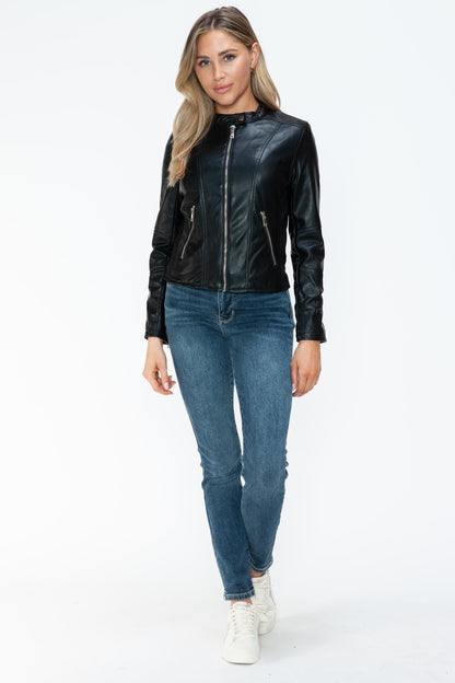 Snobbish PU Leather Zip Up Jacket with Pockets