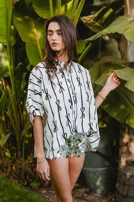 Bow Ribbon Woven Printed Button Down Shirt 233d6972-25d3-4753-a87c-54025ab5b788-Max-Origin