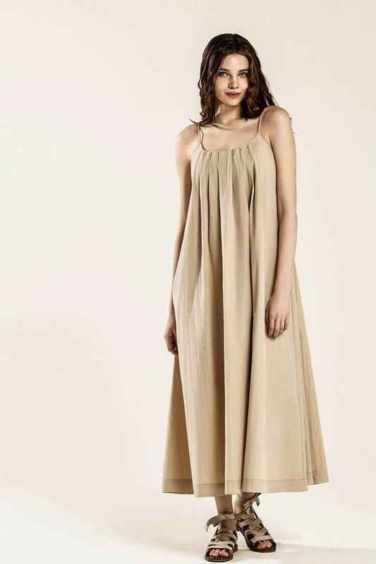 Sleeveless Tuck Detail Dress with tie back Taupe 23402692_a1d227b4-1631-447e-a72a-b69bdf3f48a8