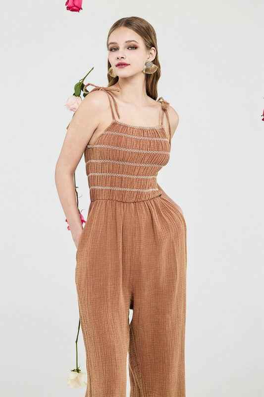 Plus Smocked Top Wide Leg Gauze Jumpsuits Camel 23403053_92d360e4-d325-4aa1-8fe2-10406b2e33d0