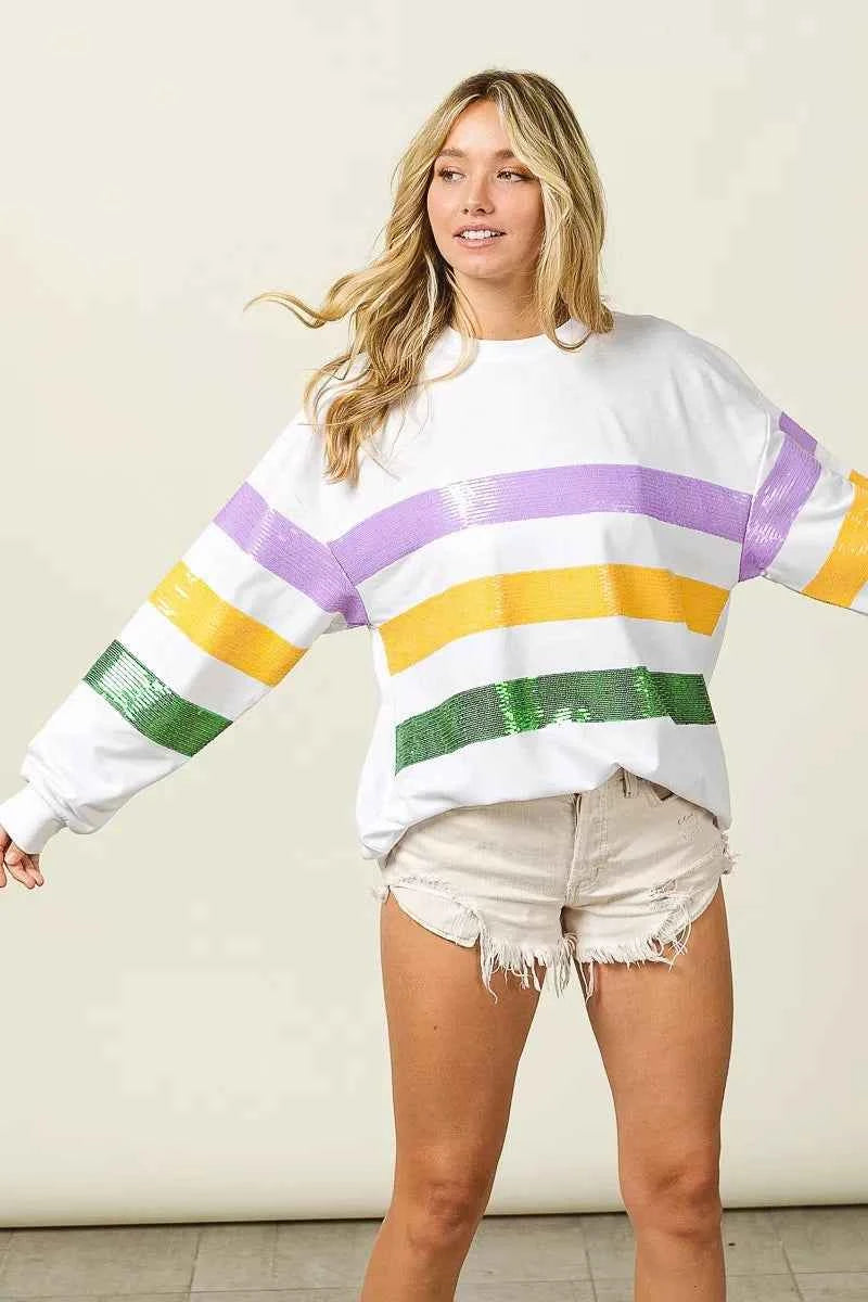 BiBi Sequin Mardi Gras Striped Round Neck Sweatshirt 23419996a6ea4d409ff0e92cf3ddd581-Max-Origin