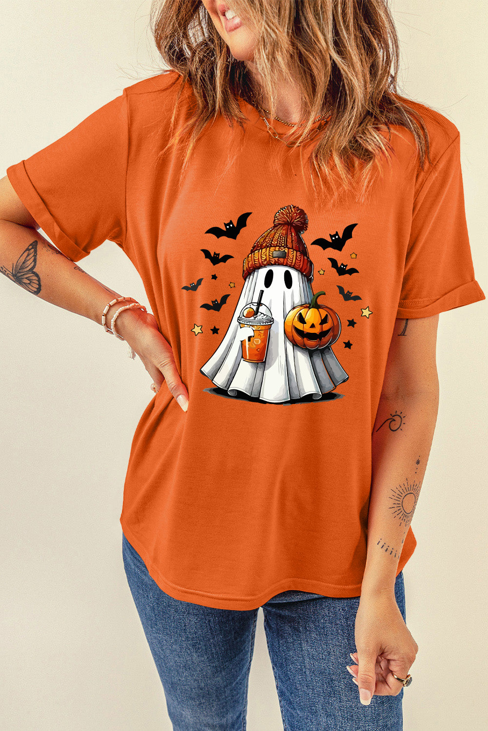 Orange Playful Halloween Ghost Pumpkin Heat Transfer Printing Tee 234533a5b252a8d2