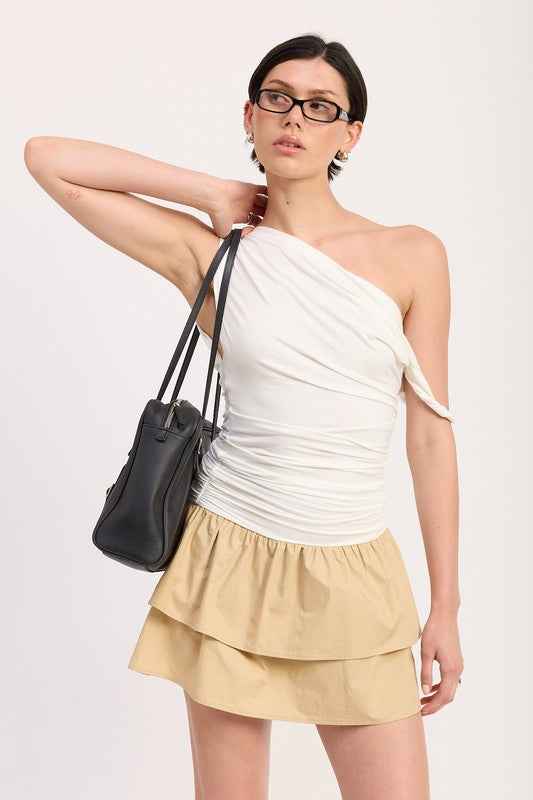 ONE-SHOULDER RUCHED LATERED MINI DRESS IVORY CARAMEL 23469579_db2f17b9-19d2-420b-8c6f-5bebe948201c