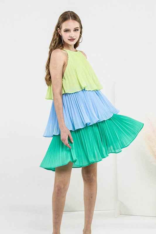 Tiered Pleated Swing Halter Mini Dress LIME BLUE GREEN 23472807_12222321-3e14-481c-ad59-cc70e32e9739