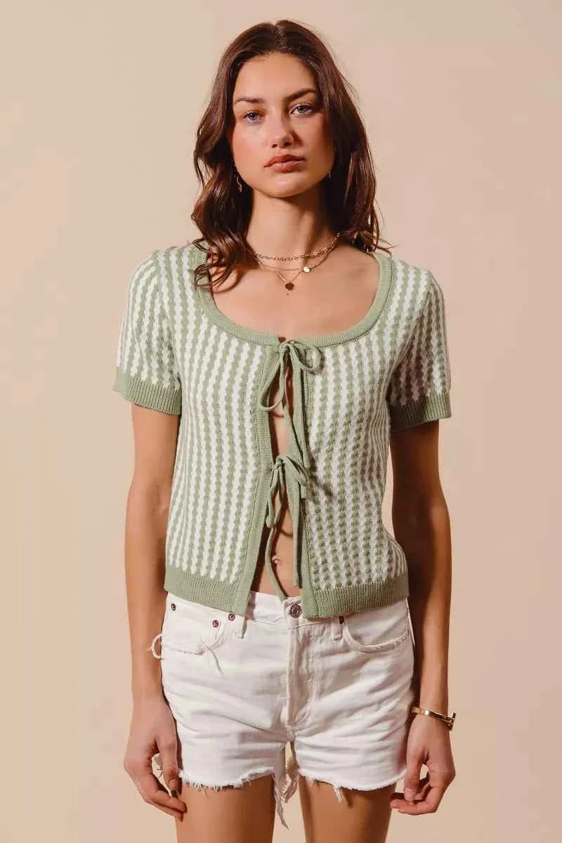 SO ME Tie Front Textured Vertical Stripe Knit Cardigan SAGE OFF WHITE 234a0bb3-a81b-473b-9876-9195d77d2b4d-Max-Origin