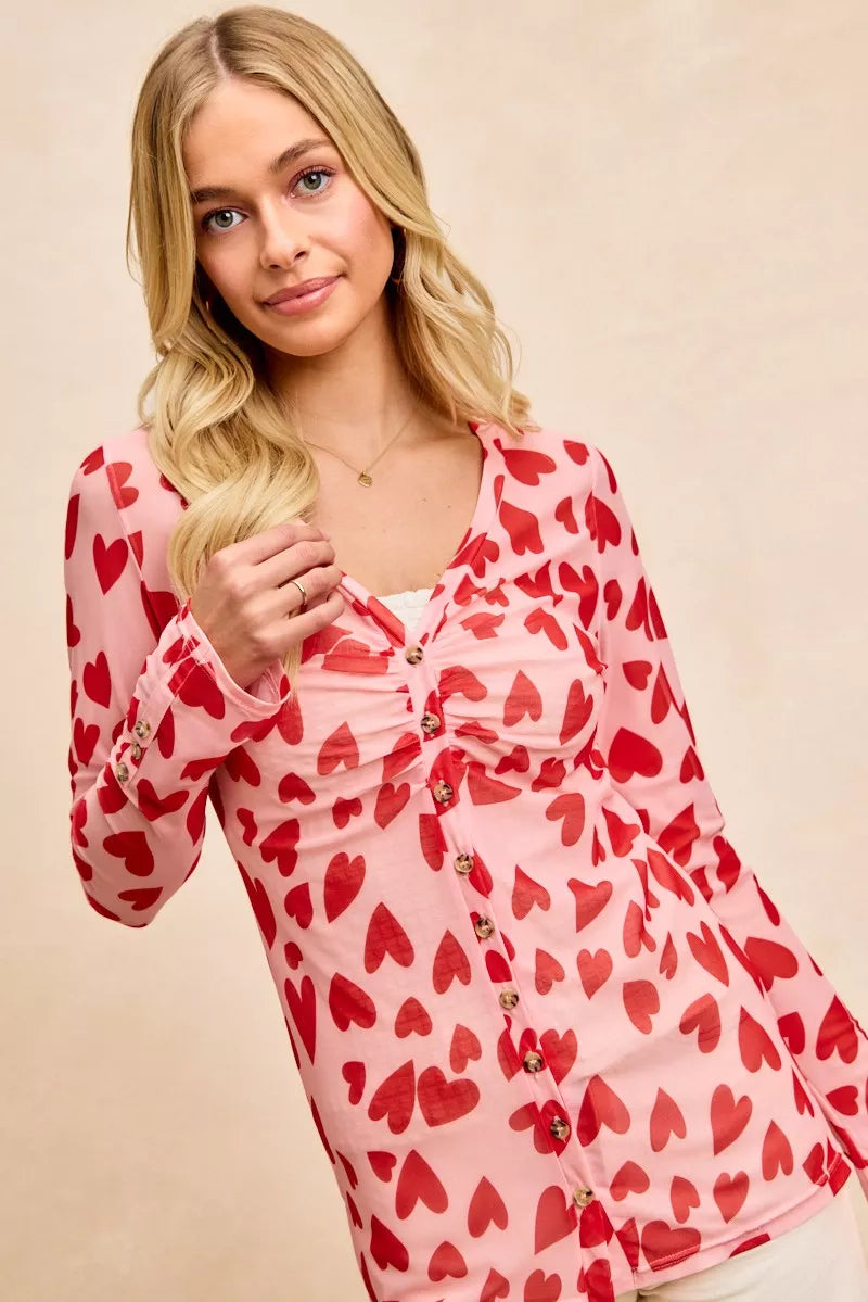 BiBi Button Down Heart Printed Mesh Shirt with Ruched Front 235051333c6f476782fb648935cfcb07-Max-Origin